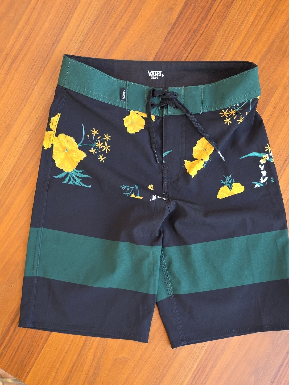Vans Boys Black Swim Trunks with Green Waistband and Yellow Floral Print